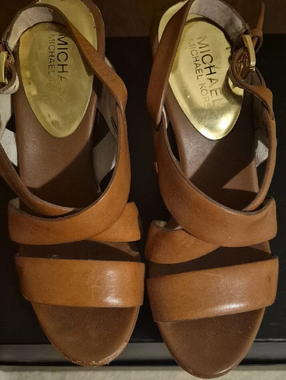 Michael Kors Brown Leather Wedge Sandals with Braided Platform
